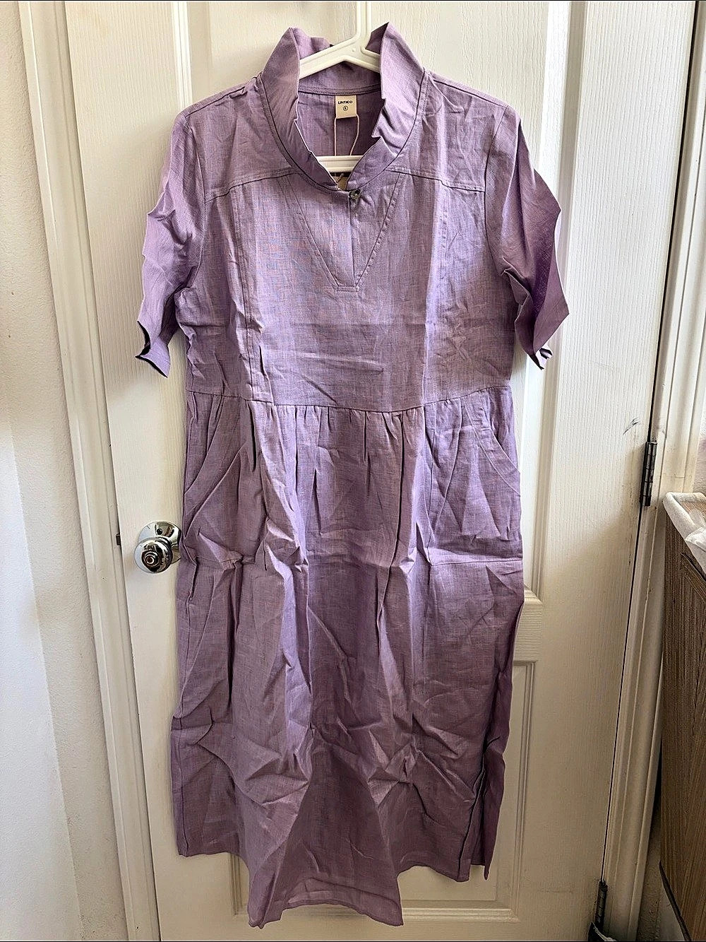 LINTICO Sofia 100% Linen Collarless Mid-Length Dress Purple